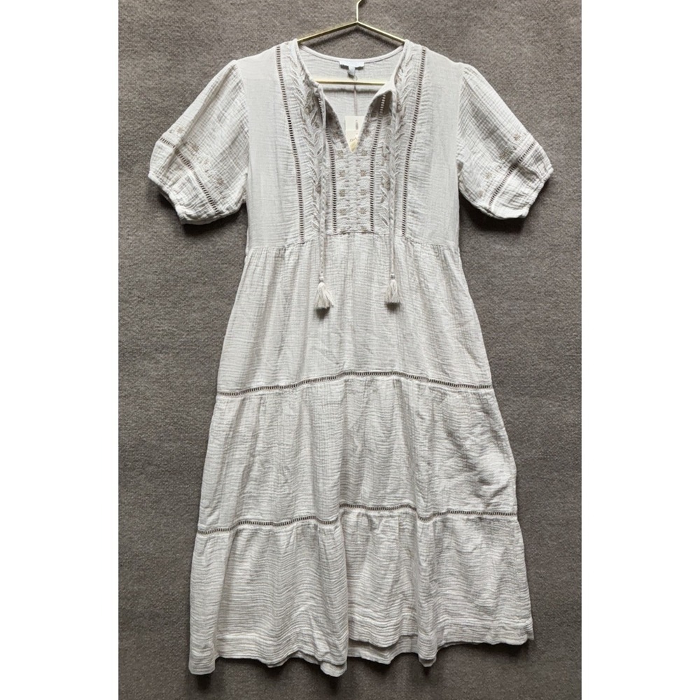 NWT Johnny Was Calme Puff‎ Sleeve Tie Neck Midi Dress Embroidered Women XS Beige